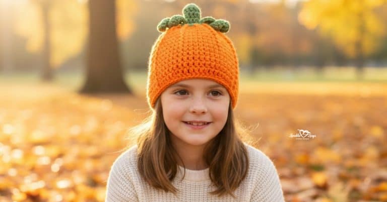 Child wearing an orange crochet pumpkin hat with green stem details, photographed outdoors in a warm fall setting with golden leaves in the background.
