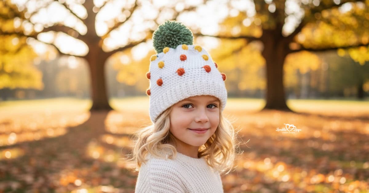 Child wearing a white crochet pumpkin hat with a green pom pom, standing outdoors on a fall day with colorful autumn leaves in the background.