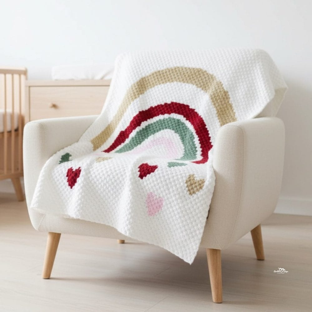 White C2C rainbow blanket draped over a cream armchair in a bright nursery, featuring a muted rainbow and scattered heart motifs.