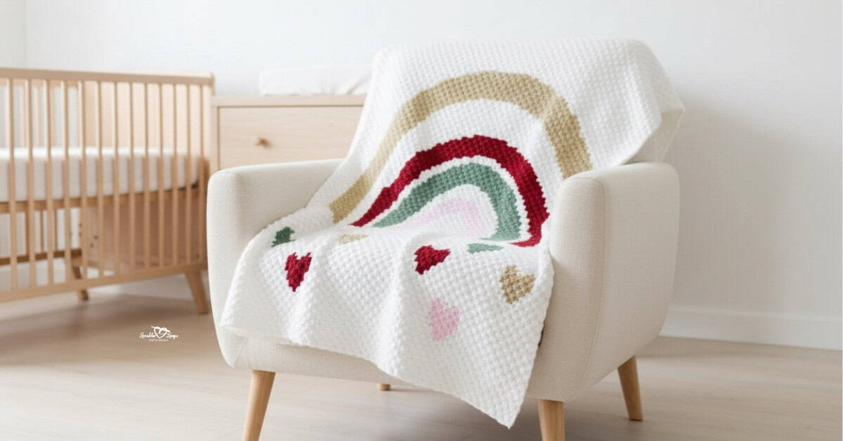 C2C crochet rainbow blanket with soft neutral and red rainbow stripes draped over a cream armchair in a bright nursery.