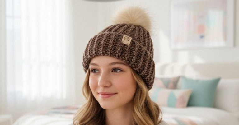 Teen girl wearing a brown ribbed crochet beanie with a faux fur pom pom in a bright modern bedroom.