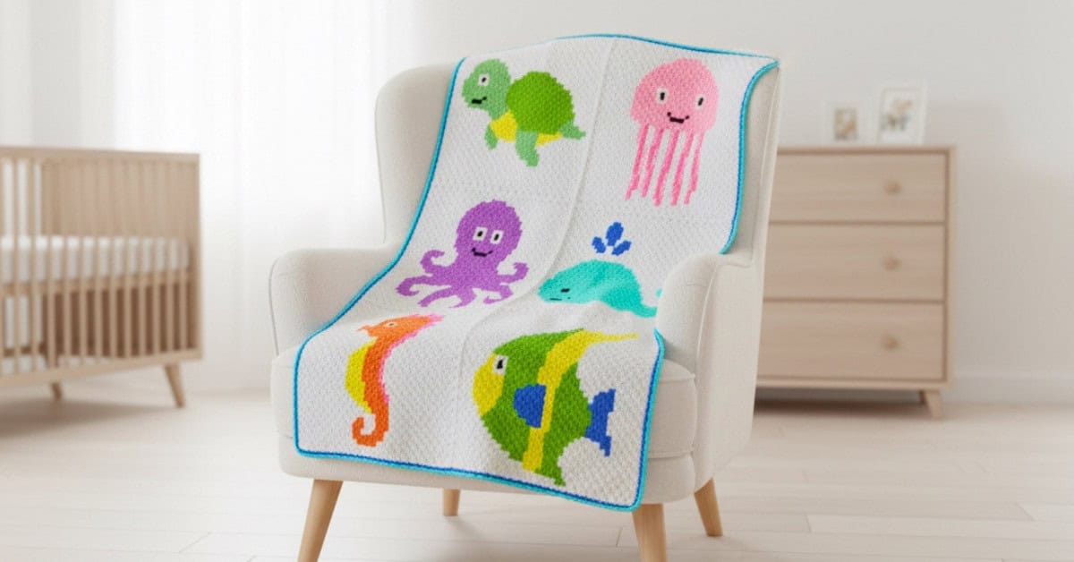 Crochet sea animals blanket with a turtle, jellyfish, octopus, whale, seahorse, and fish draped over a cream armchair in a bright nursery.