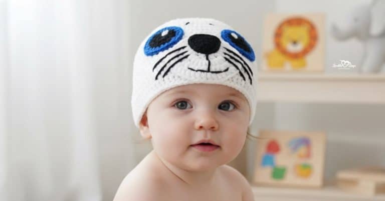 Baby wearing a white crochet seal hat with blue eye details, whiskers, and a black nose in a neutral nursery.