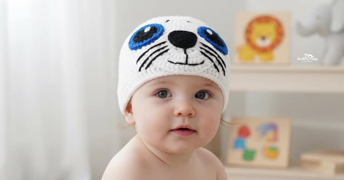 Baby wearing a white crochet seal hat with blue eye details, whiskers, and a black nose in a neutral nursery.