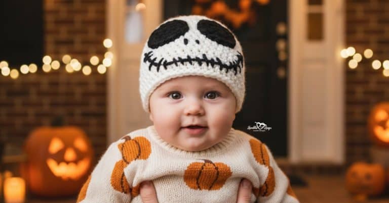 Baby wearing a white crochet skeleton hat with black facial details in front of glowing jack-o&rsquo;-lanterns and Halloween lights