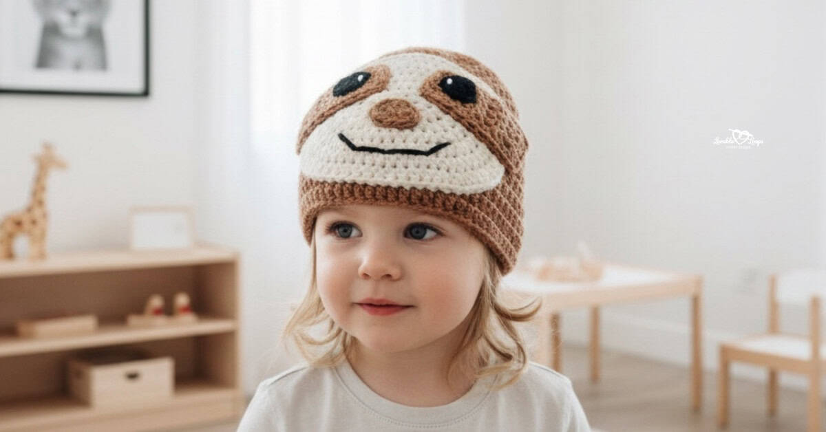 Toddler wearing a brown crochet sloth hat with a cream sloth face and stitched smile in a soft neutral nursery.