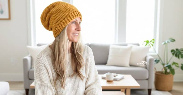 Woman wearing a mustard yellow crochet slouchy beanie and cream sweater, seated in a bright cozy living room with neutral decor and soft natural light.