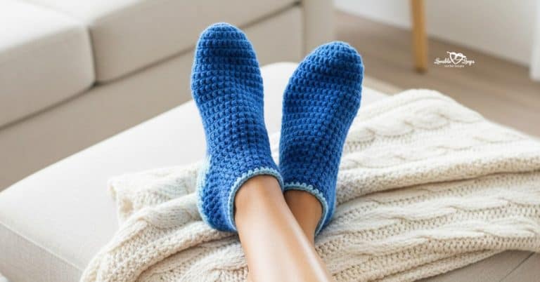 Woman relaxing with her feet up on a soft cream blanket, wearing blue handmade crochet slipper socks in a bright neutral room.