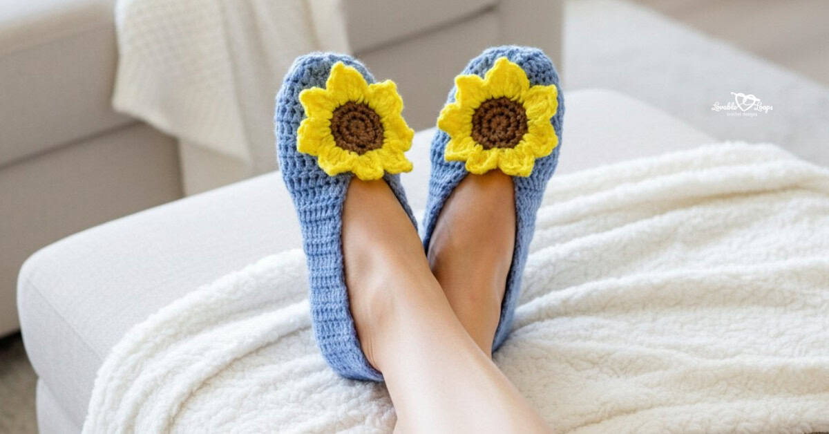 Woman with legs crossed while wearing blue crochet slippers with large yellow sunflower appliqu&eacute;s, resting on a soft white blanket in a bright bedroom.