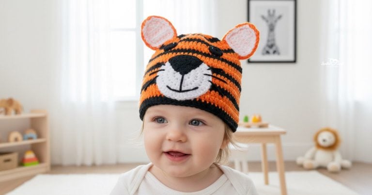 Baby wearing an orange and black striped crochet tiger hat with round ears and a white tiger face in a bright neutral nursery.
