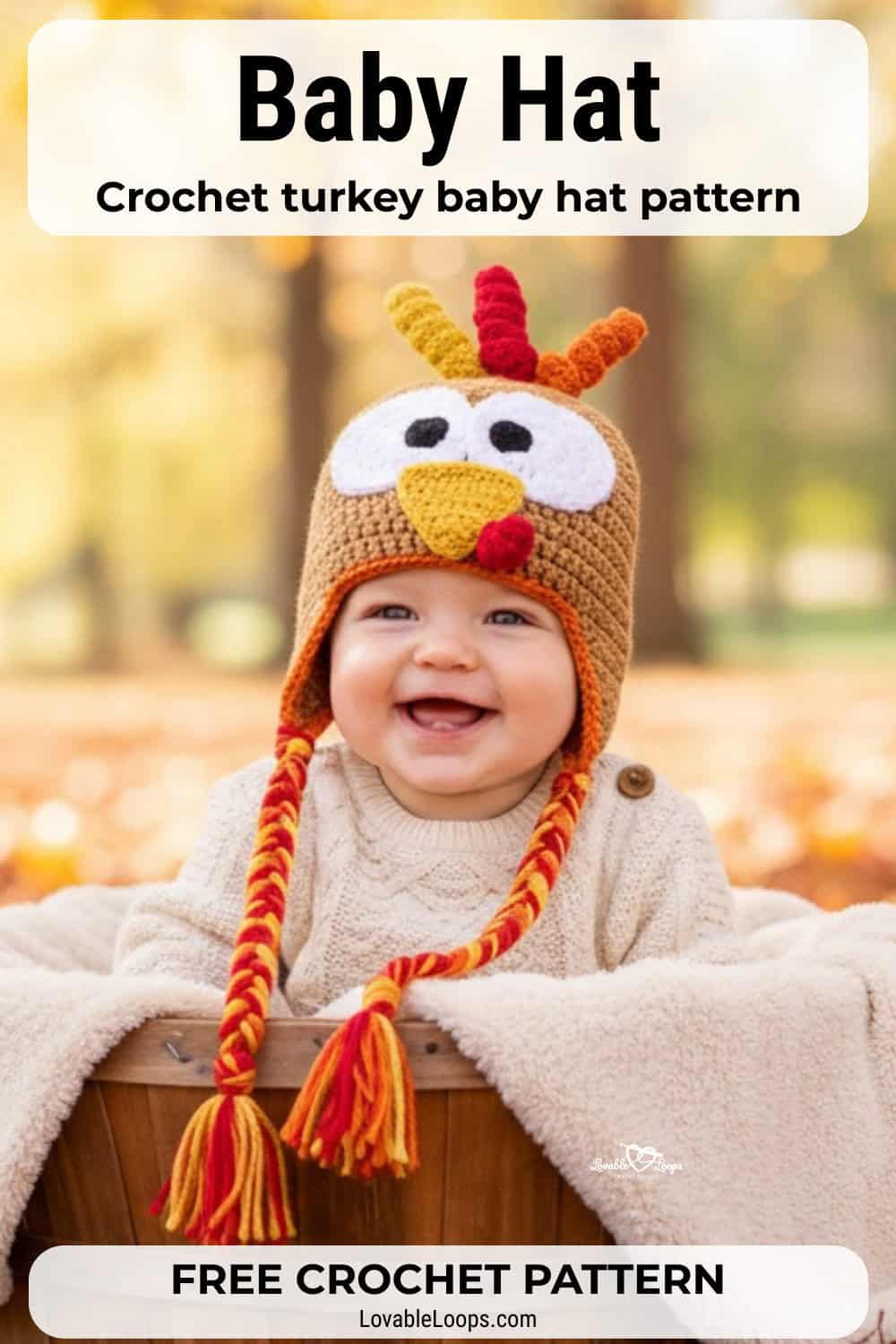 Baby wearing a crochet turkey hat with braided tassels while sitting in a basket outdoors surrounded by colorful fall leaves