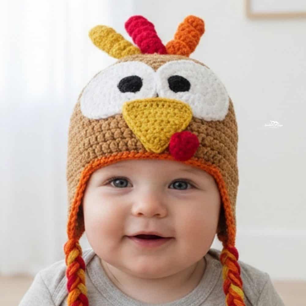 Baby wearing a brown crochet turkey hat with large white eyes, a yellow beak, colorful feathers on top, and braided earflaps.
