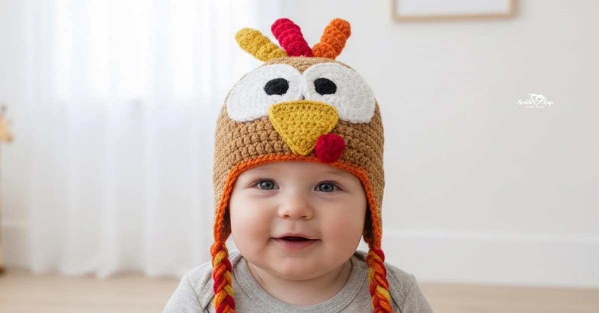 Baby wearing an orange and black striped crochet tiger hat with round ears and a white tiger face in a bright neutral nursery.