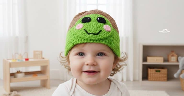 Smiling baby wearing a green crochet turtle hat with a bright green face and brown shell detail in a neutral nursery.
