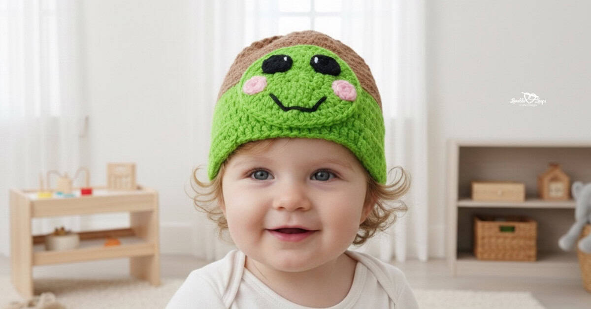 Smiling baby wearing a green crochet turtle hat with a bright green face and brown shell detail in a neutral nursery.