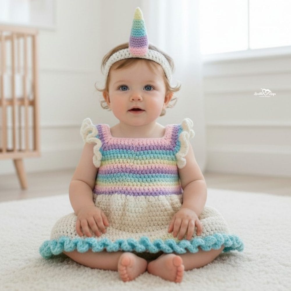 Baby wearing a pastel crochet unicorn dress with a rainbow horn headband, sitting on a white rug in a bright nursery.