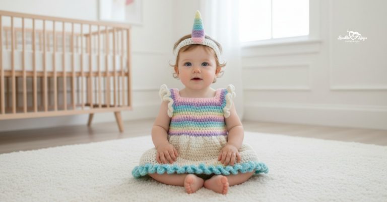 Baby sitting on a cream rug in a nursery, wearing a pastel crochet unicorn dress with a cream skirt, blue ruffle hem, and unicorn horn headband.