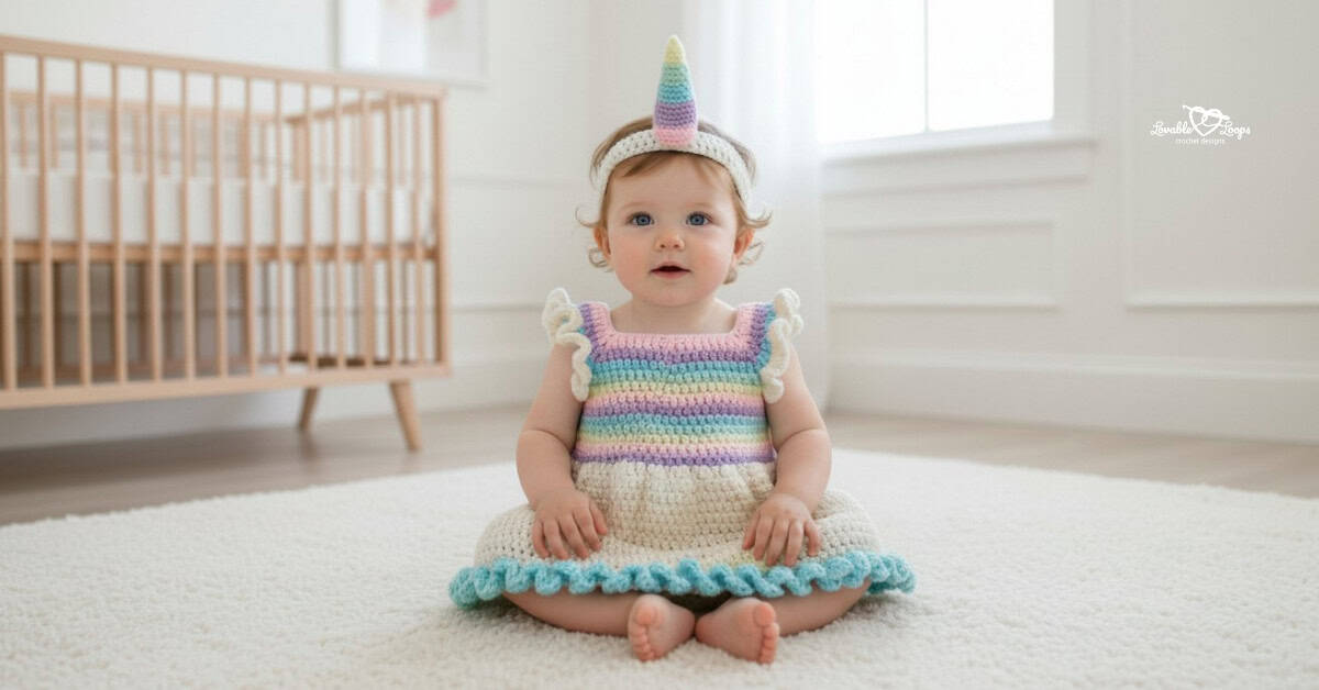 Baby sitting on a cream rug in a nursery, wearing a pastel crochet unicorn dress with a cream skirt, blue ruffle hem, and unicorn horn headband.