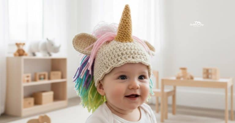 Smiling baby wearing a cream crochet unicorn hat with a gold horn, rainbow yarn mane, and ears in a bright neutral nursery.