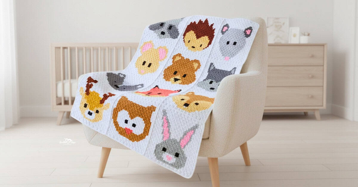 Crochet woodland baby blanket with animal faces draped over a cream armchair in a bright nursery.