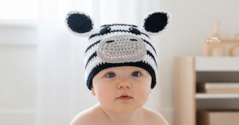 Baby wearing a black and white striped crochet zebra hat with upright ears and a gray zebra face in a bright neutral nursery.