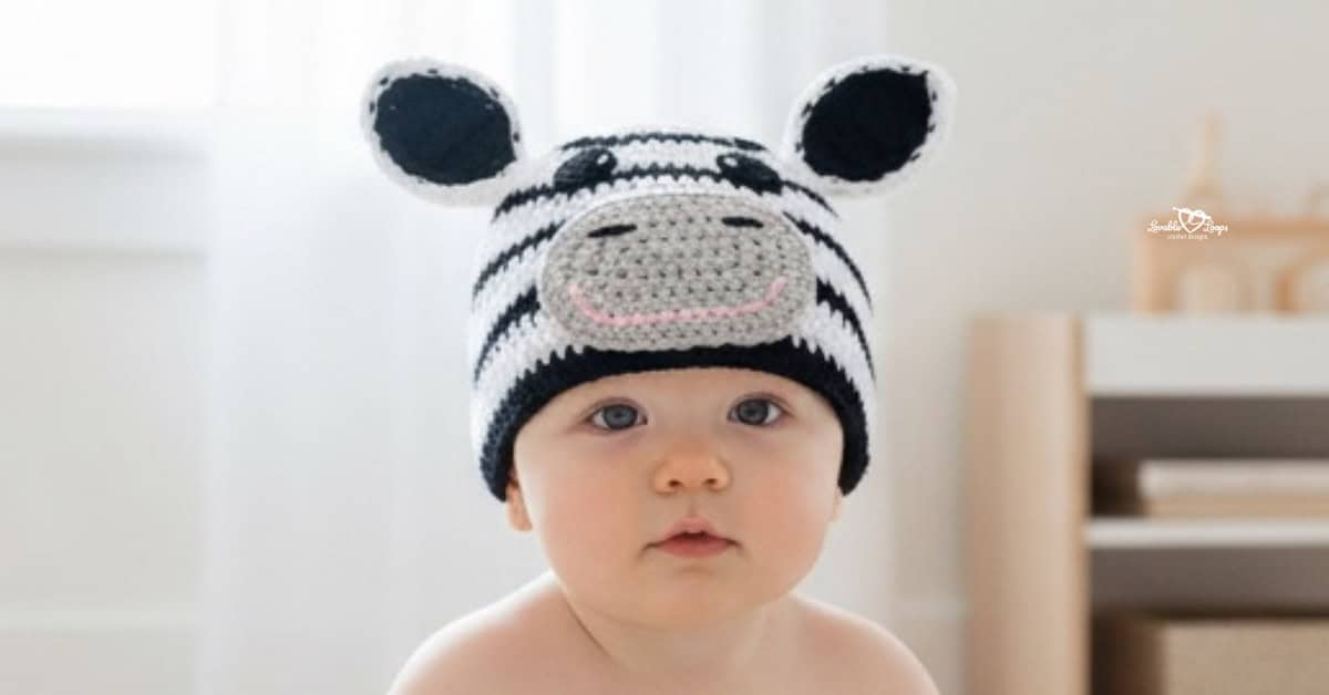 Baby wearing a black and white striped crochet zebra hat with upright ears and a gray zebra face in a bright neutral nursery.