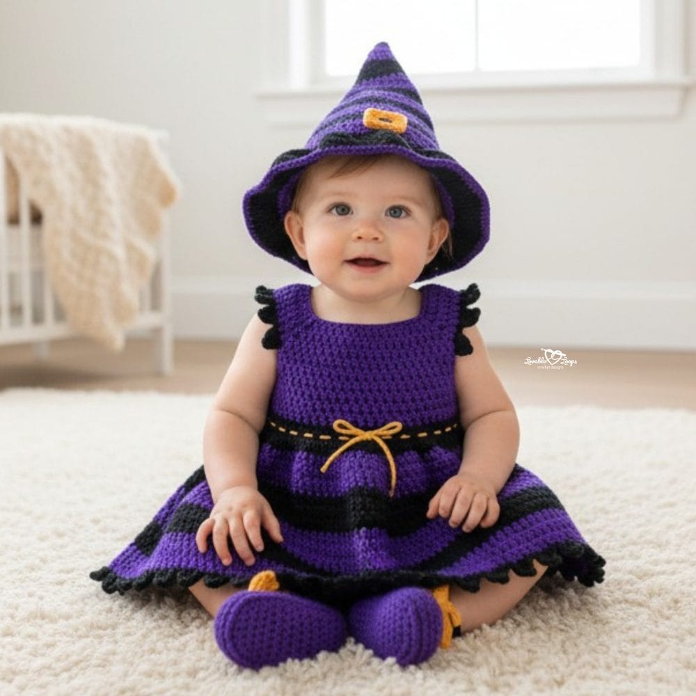 Cute baby crochet witch costume pattern with a purple striped dress, pointed hat, and matching booties in a neutral nursery.