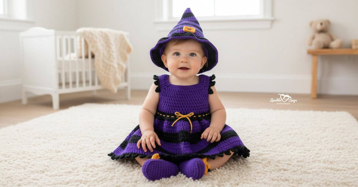 Baby wearing a purple and black crochet witch dress with matching hat and shoes, sitting on a soft rug in a nursery.