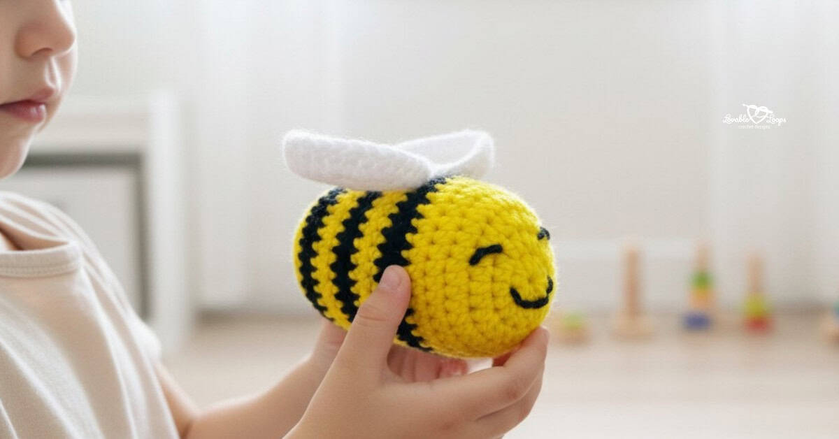 Close-up of toddler hands holding a yellow and black crochet bee with white wings in a bright playroom.