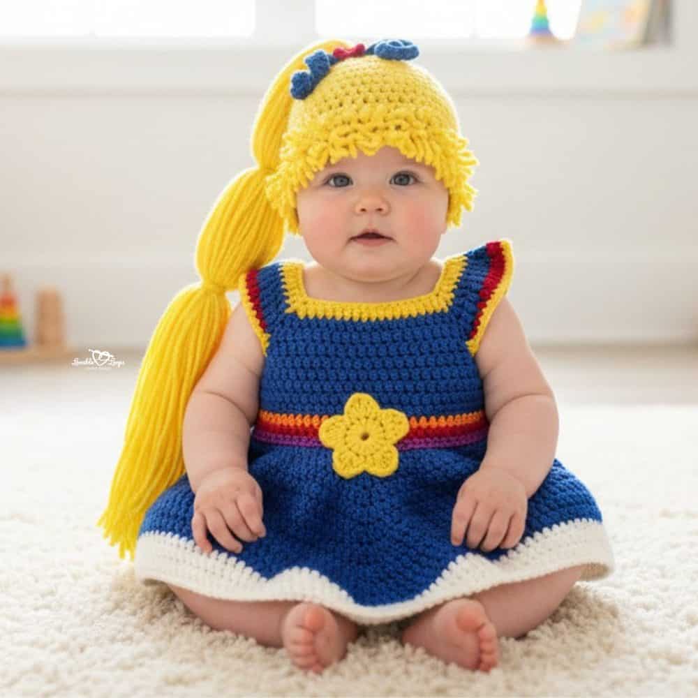 Crochet Rainbow Brite-inspired baby costume with a blue dress, rainbow details, and yellow ponytail hat in a bright nursery.