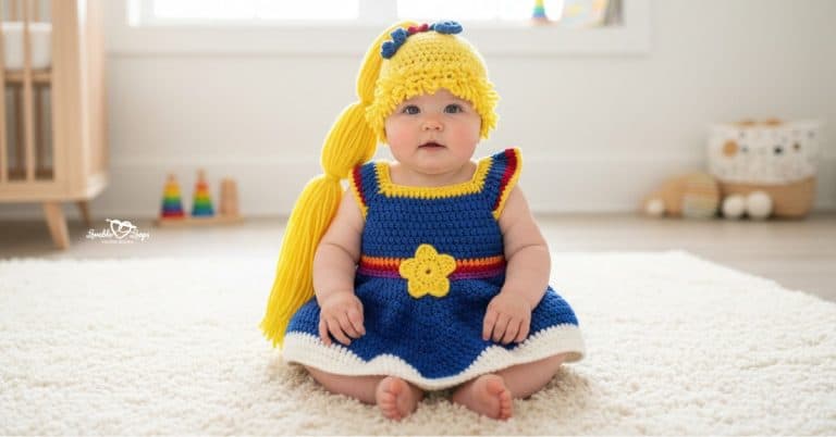 Baby wearing a blue crochet dress with rainbow trim and a long yellow yarn ponytail hat, sitting on a fluffy rug.