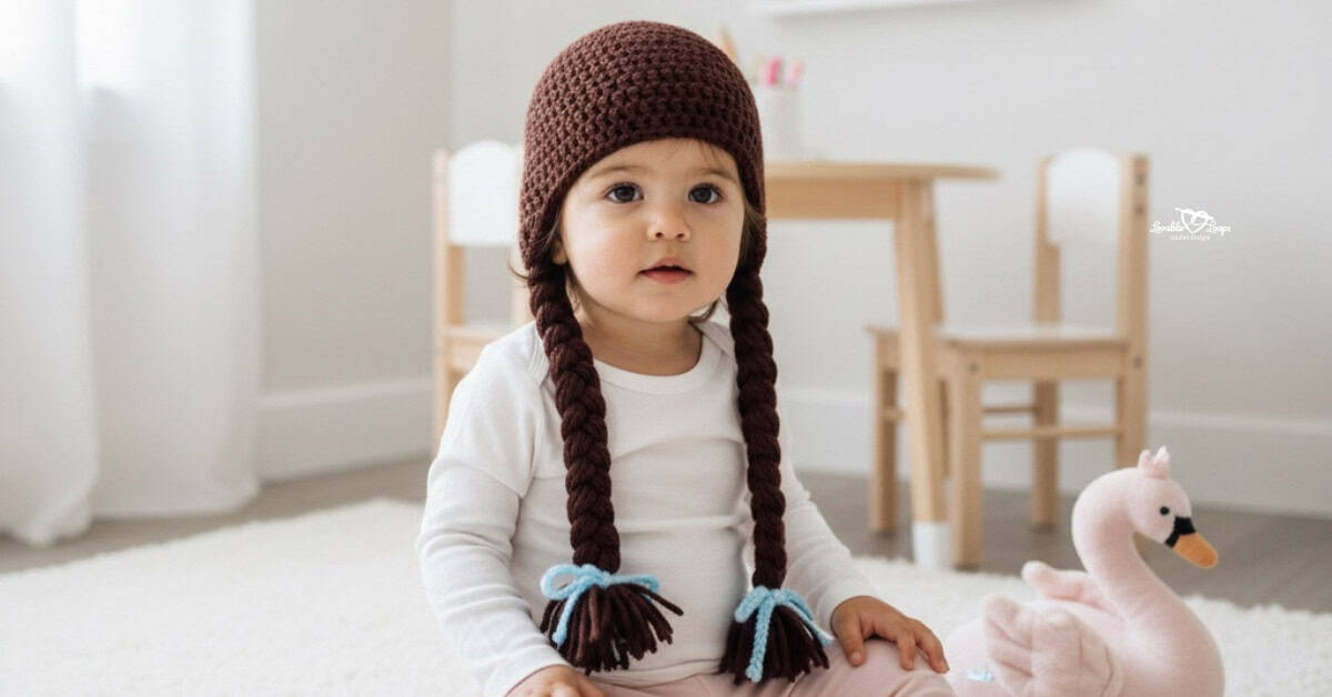 Toddler wearing a brown Dorothy crochet yarn wig with two long braids tied with light blue bows in a bright princess-themed playroom.