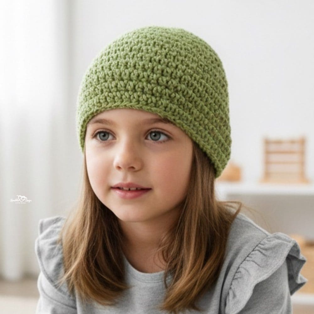 Girl wearing a sage green crochet beanie in a bright neutral room.