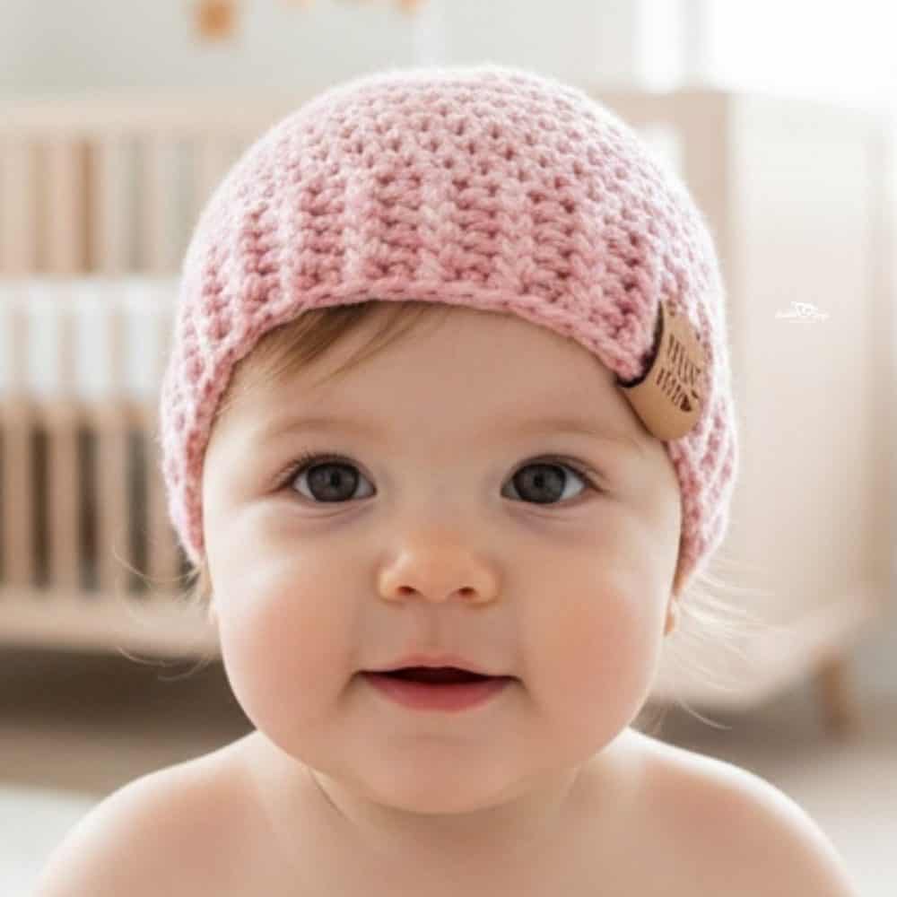 Baby wearing a pale pink crochet beanie in a soft neutral nursery.