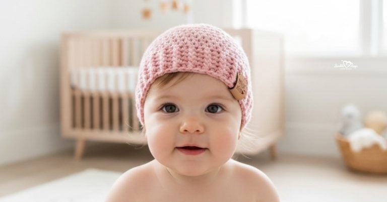 Baby wearing a pale pink crochet beanie in a bright neutral nursery.