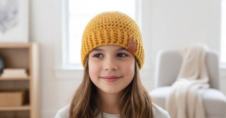 Child wearing a purple crochet beanie, photographed indoors in a cozy modern cabin with soft natural light.