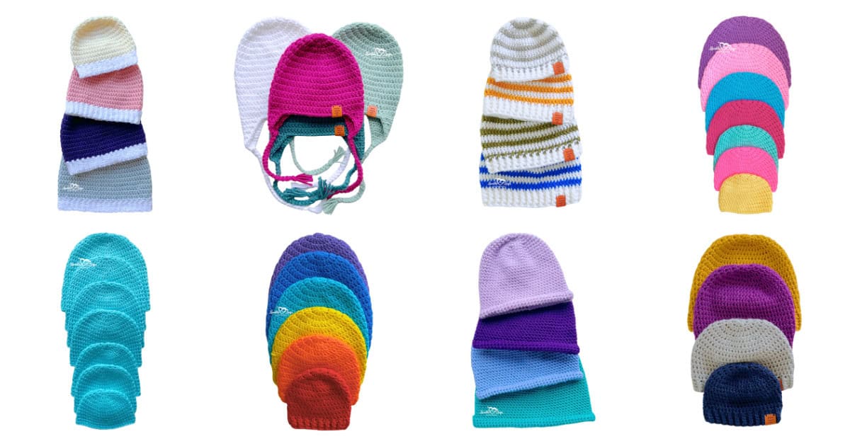 Collection of easy crochet hat patterns for beginners showing colorful crochet beanies in baby, toddler, child, and adult sizes. These beginner-friendly crochet hats use simple stitches like single crochet, half double crochet, and double crochet.
