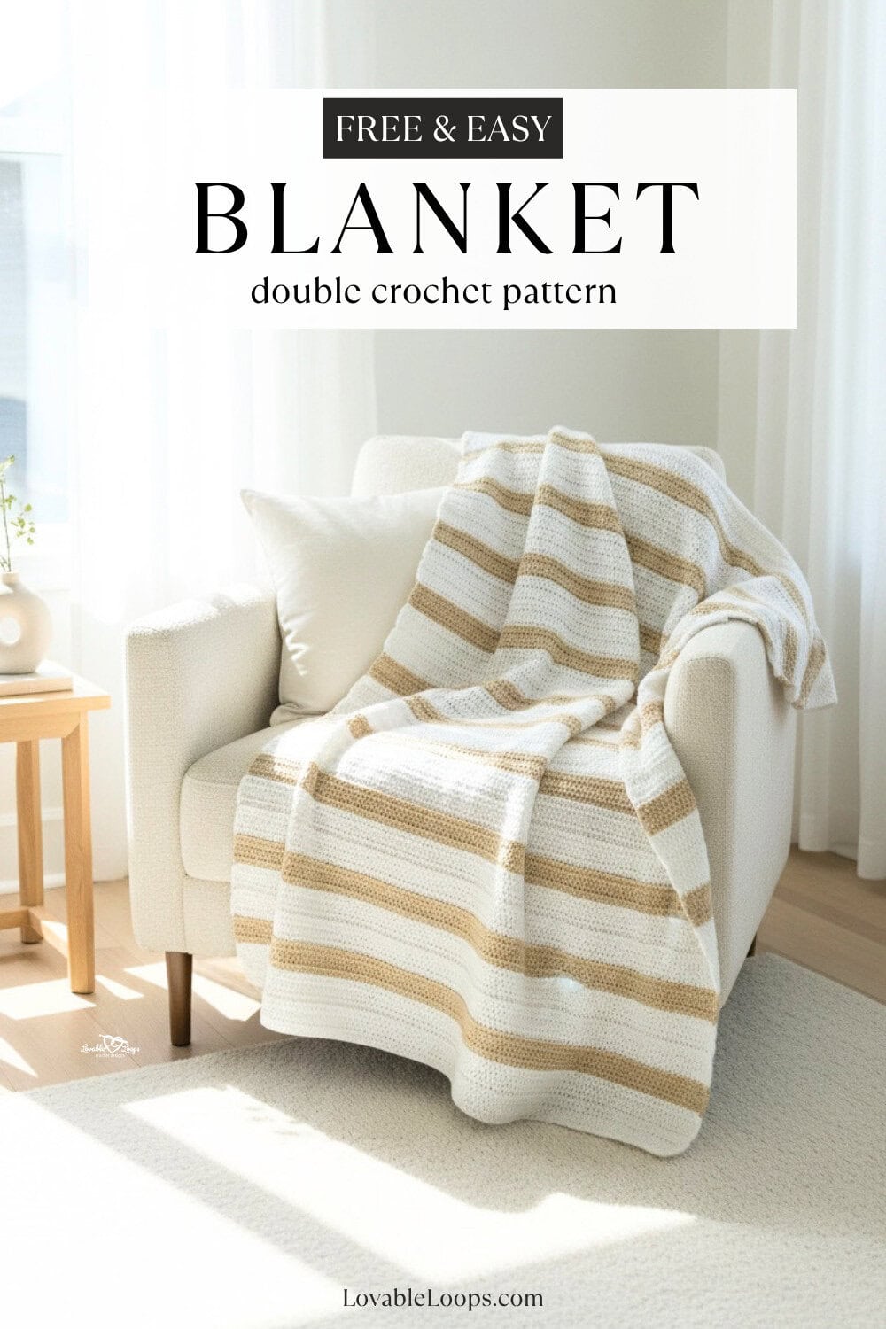 Free and easy double crochet blanket pattern pin showing a neutral striped crochet blanket on a cream armchair in a bright room