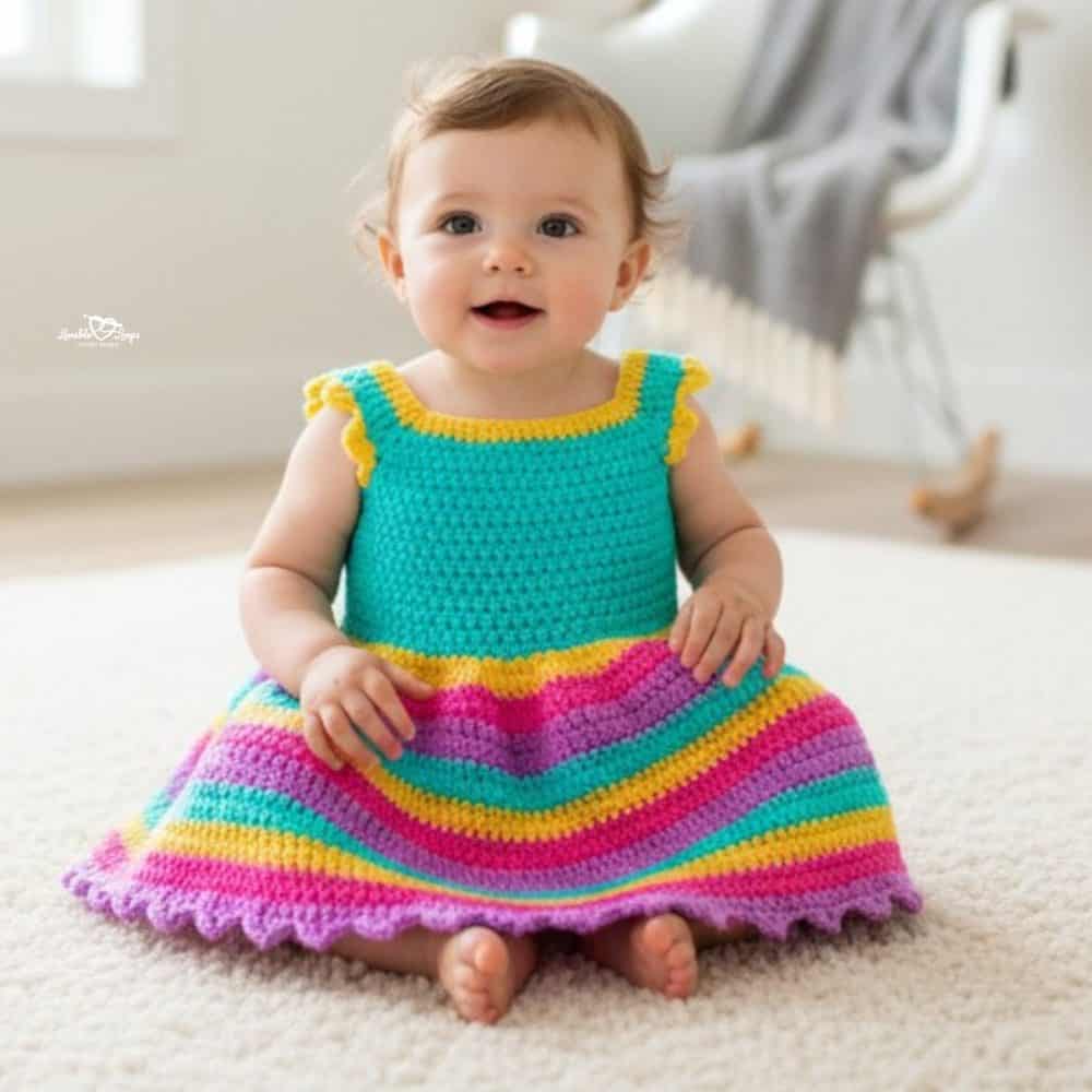 Baby wearing a bright striped crochet dress in teal, pink, yellow, and purple, sitting on a soft white rug.