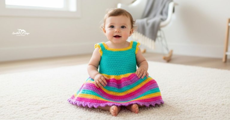 Baby sitting on a cream rug in a nursery, wearing a bright crochet dress with a turquoise bodice, yellow trim, and pink, purple, yellow, and turquoise striped skirt.