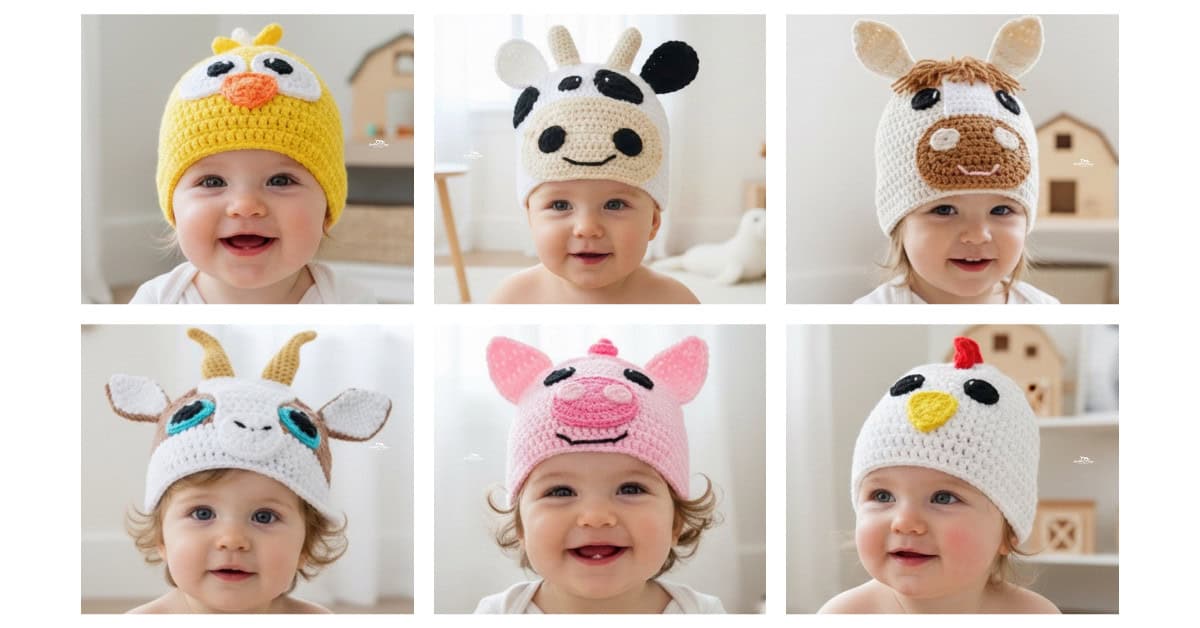 Collage of babies and toddlers wearing crochet farm animal hats, including chick, cow, horse, goat, pig, and chicken designs.