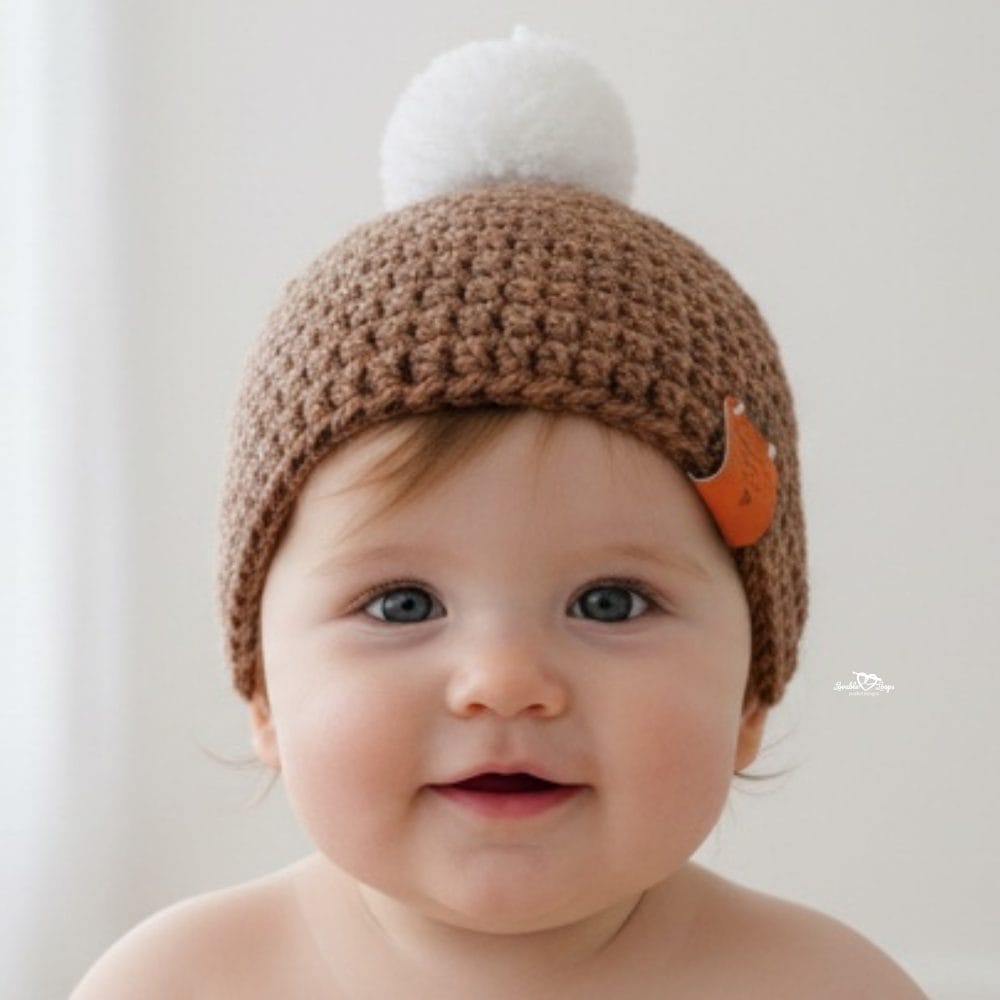 Baby wearing a brown crochet beanie with a white pom-pom against a soft neutral background.