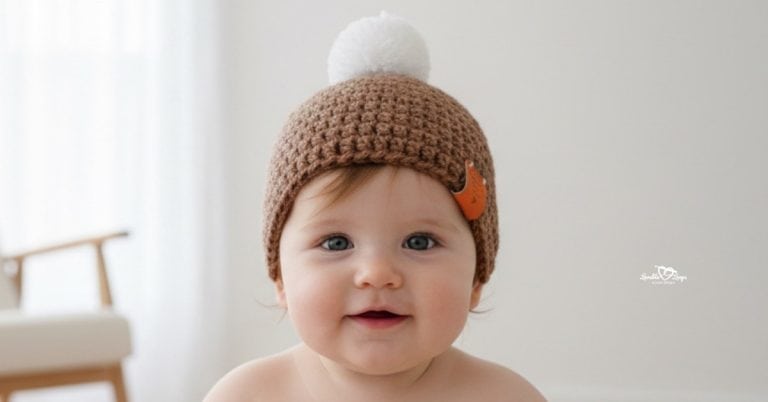 Baby wearing a brown crochet beanie with a white pom-pom against a soft neutral background.
