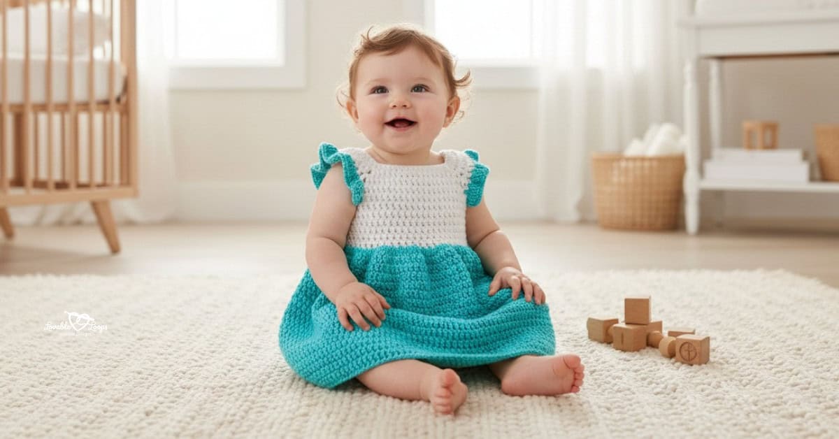 Baby sitting on a cream rug in a nursery, wearing a white and turquoise crochet dress with matching turquoise shoulder ruffles.