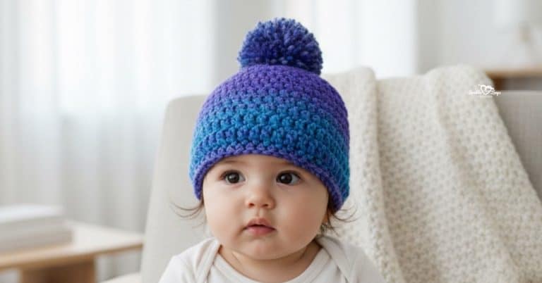 Baby wearing a purple and blue crochet beanie with a matching pom-pom while sitting in a cozy chair.
