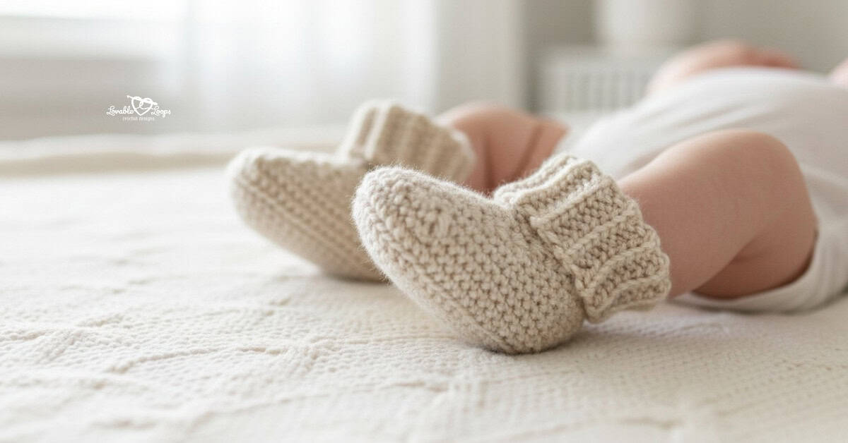 Close-up of a baby lying on a white blanket, wearing cream crochet baby booties with ribbed cuffs.