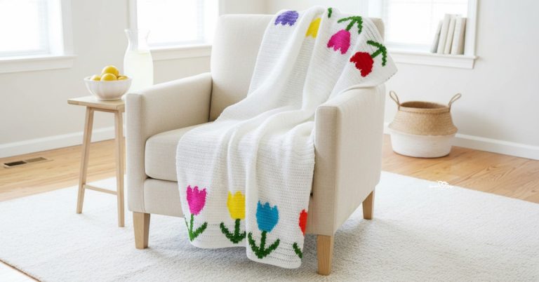White crochet flower blanket draped over a cream armchair in a bright living room, featuring colorful tulip motifs along the edges, styled with lemons and lemonade on a side table and a woven basket nearby.