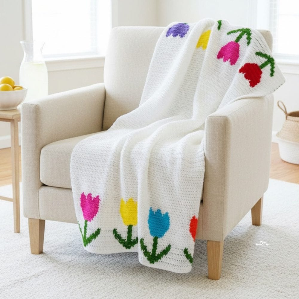 White crochet flower blanket draped over a cream armchair in a bright living room, featuring colorful tulip motifs along the edges.