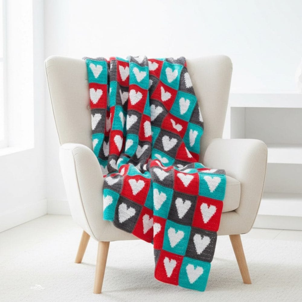 Crochet heart blanket draped over a cream wingback chair in a bright room, featuring red, teal, gray, and white checkerboard squares with white heart motifs.