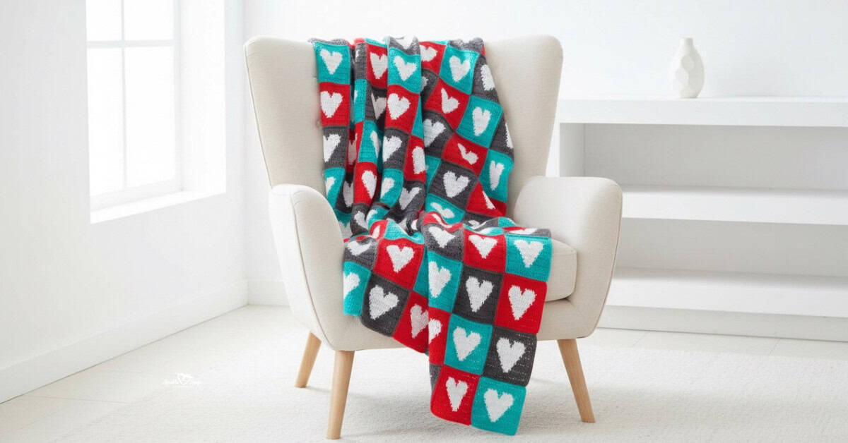 Crochet heart blanket made of red, teal, gray, and white squares draped over a cream armchair in a bright white room.